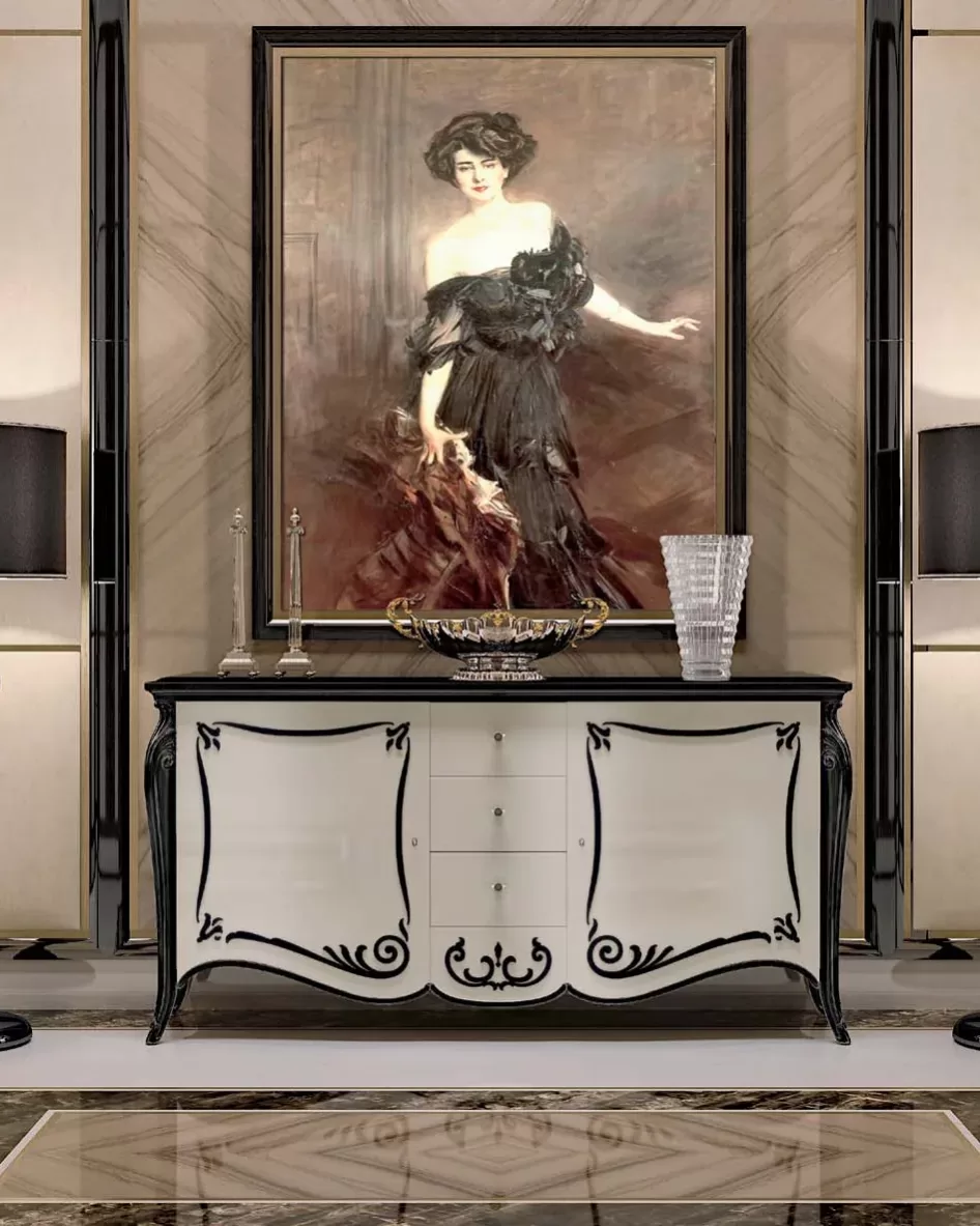 Opera Shaped Sideboard, Carved "B" Decoration, 2 Doors 3 Drawers by Francesco Pasi, Opera collection