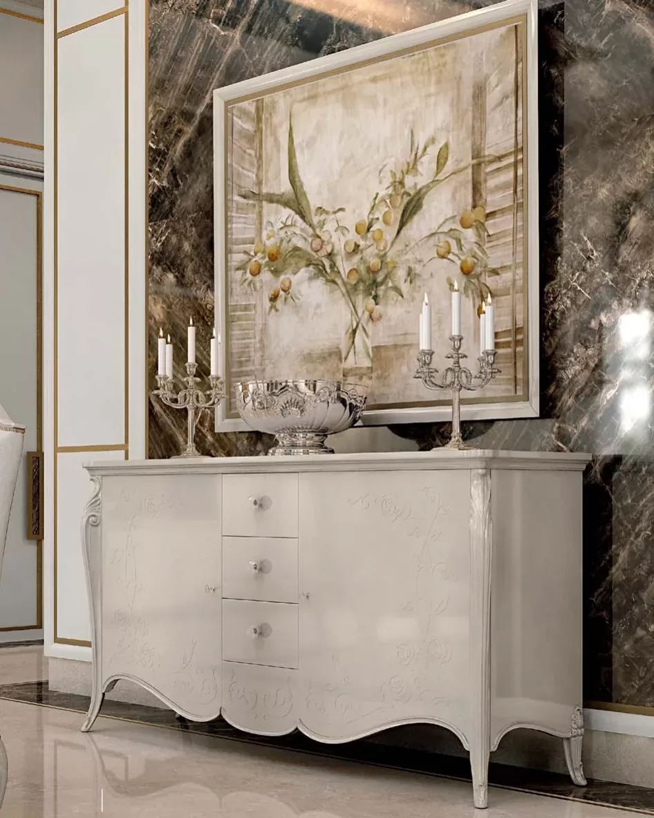 Opera Shaped Sideboard, Carved B by Francesco Pasi, sideboard in the finish of a china cabinet