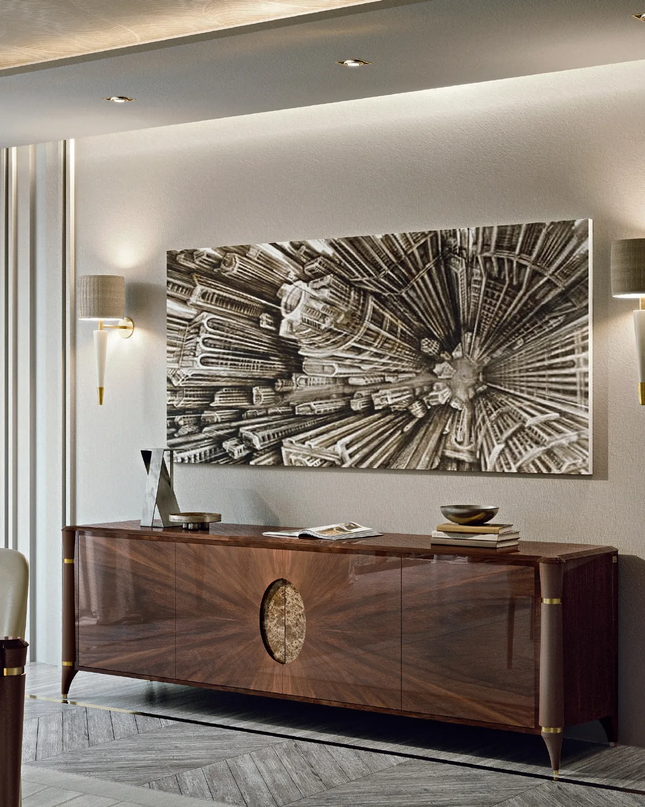 Ellipse sideboard with bronze oval, luxury credenza