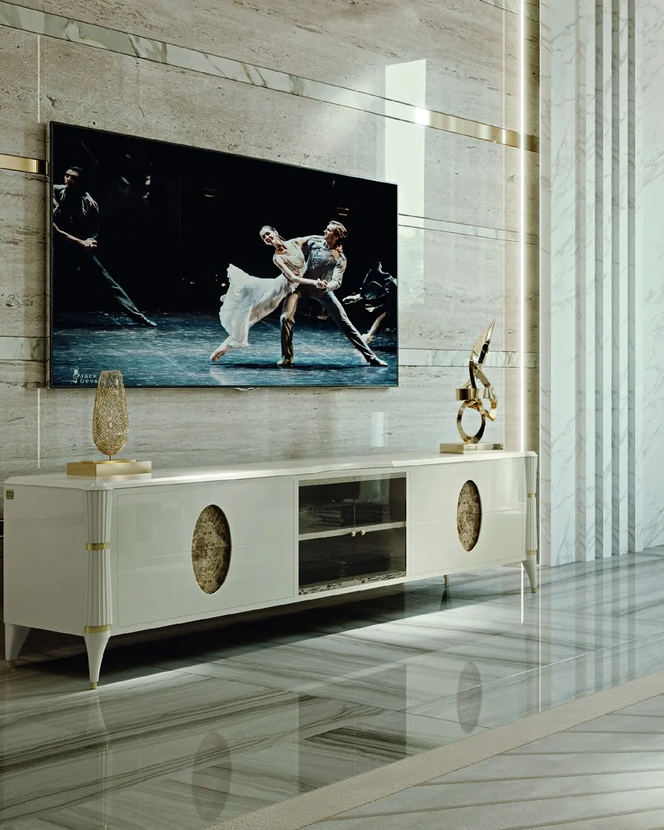 Base porta TV Ellipse con ovali in marmo, Francesco Pasi arredamento italiano per il soggiorno
