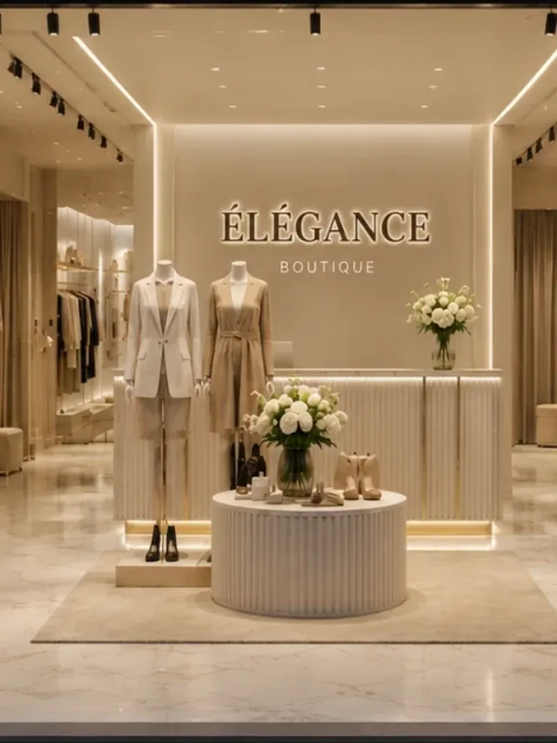 Retail boutique interior with a fluted display counter, mannequins and illuminated wall signage