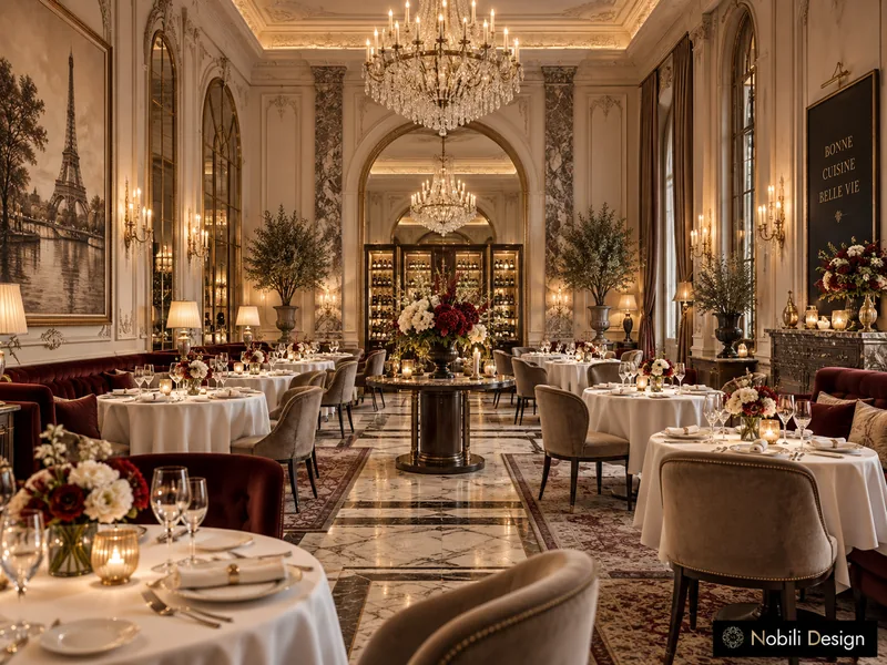 Classic French fine-dining room with crystal chandeliers, marble floor, taupe armchairs and velvet banquettes