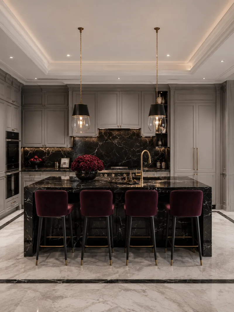 Classic kitchen with black marble island, burgundy velvet bar stools and grey panelled cabinets