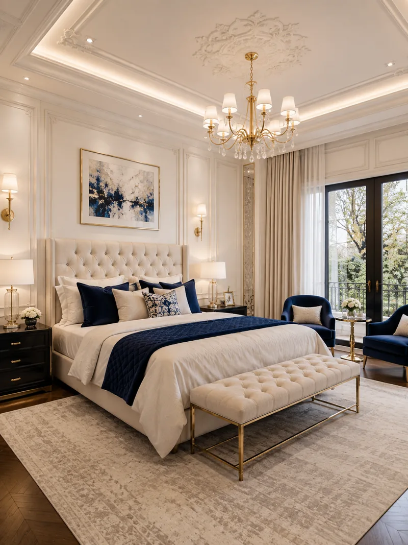 Classic master bedroom with tufted ivory bed, navy cushions, crystal chandelier and garden view