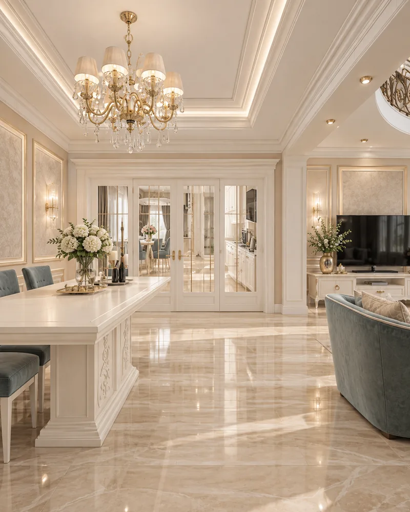 Classic dining area with a long ivory carved table, blue-grey chairs and crystal chandelier, high end interior design