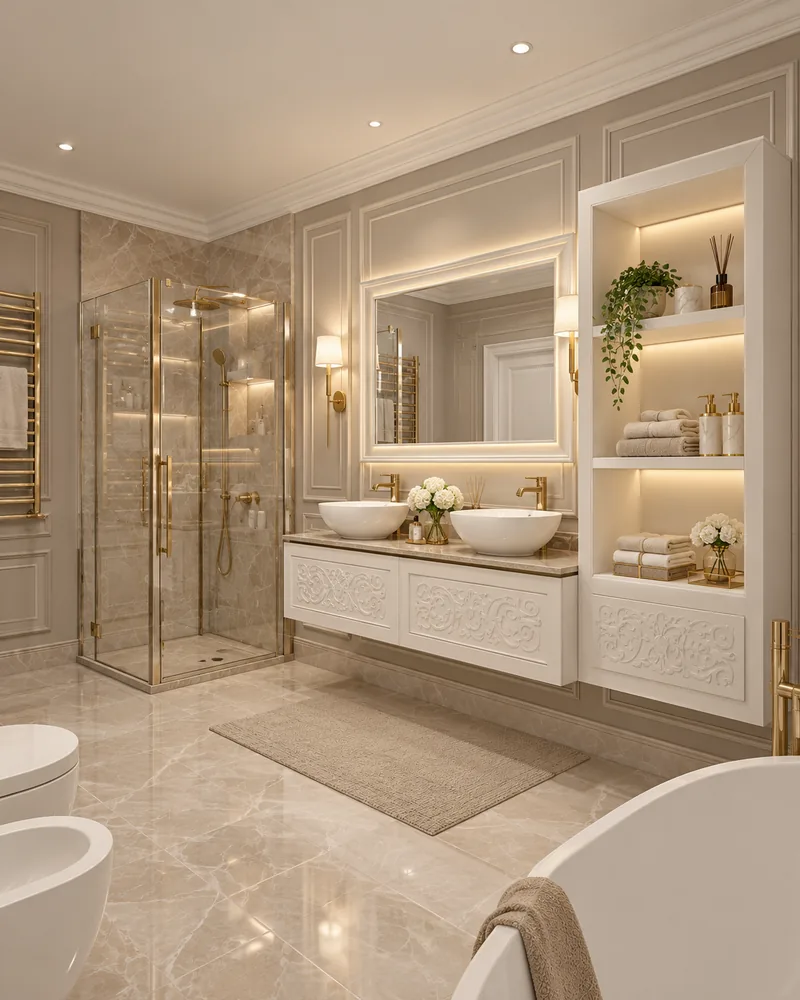 En-suite bathroom with twin vessel basins on a carved white vanity and backlit mirror, high end interior design