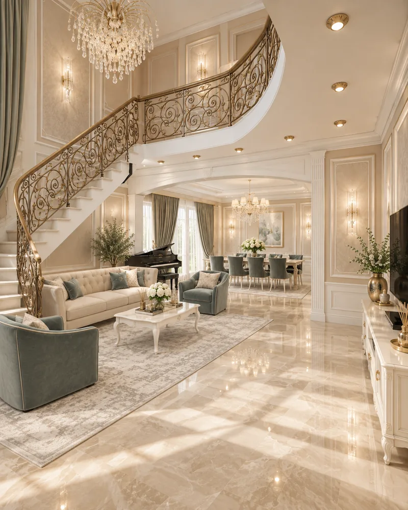 Double-height living room with a curved staircase and gilded wrought-iron railing, luxury home interior