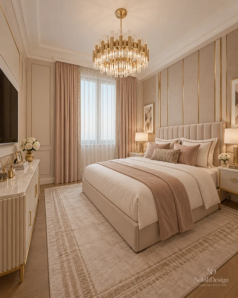 Bedroom with a channel-tufted bed and upholstered wall panels with gold strips, designer furniture for the bedroom