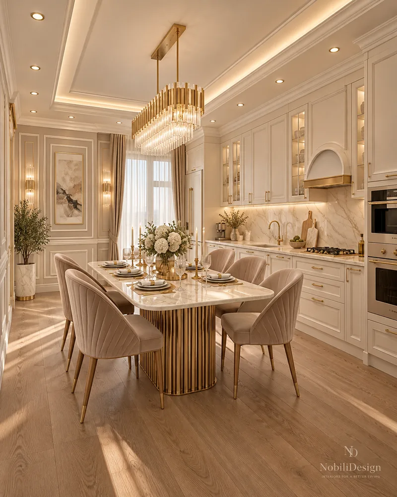Kitchen and dining area with a marble table, blush velvet chairs and ivory cabinets, luxury home interior design