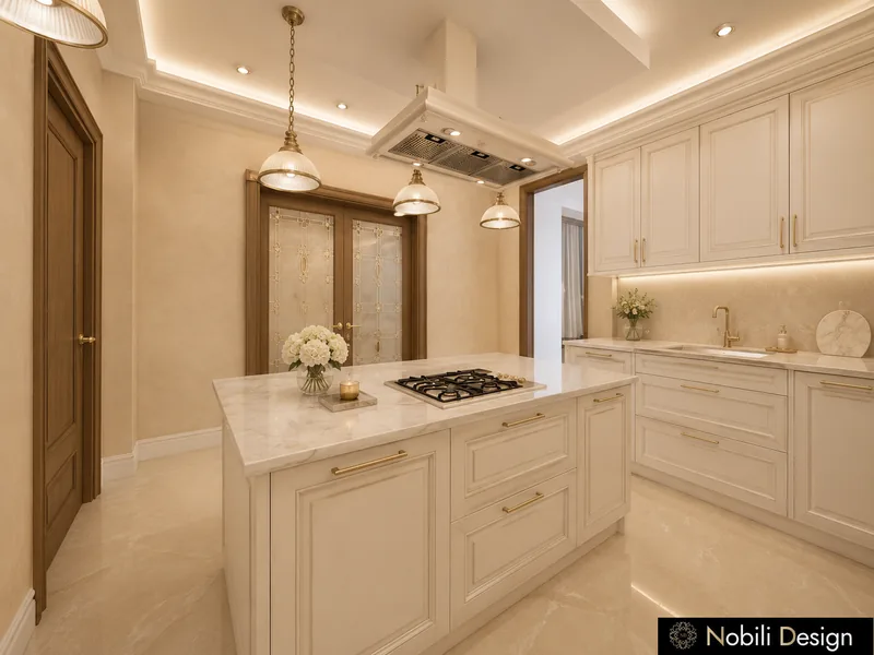 Classic kitchen with ivory shaker cabinets, marble island with hob and brass pendant lamps