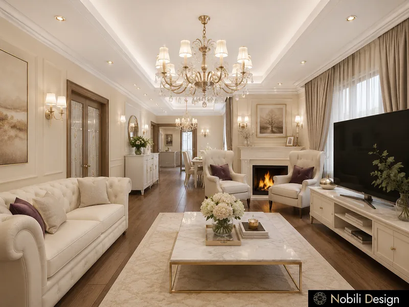 Classic living room with cream tufted sofas, marble fireplace, crystal chandelier and ivory TV unit