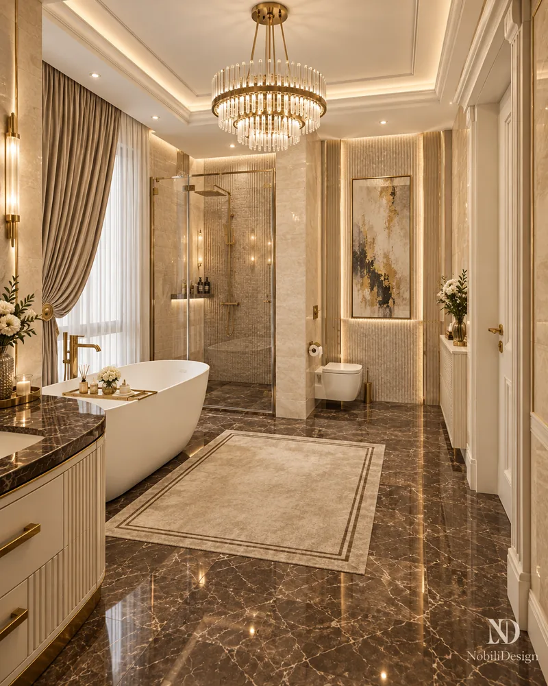 Master bathroom with glass walk-in shower, wall-hung WC, framed art, dark marble floor and crystal chandelier