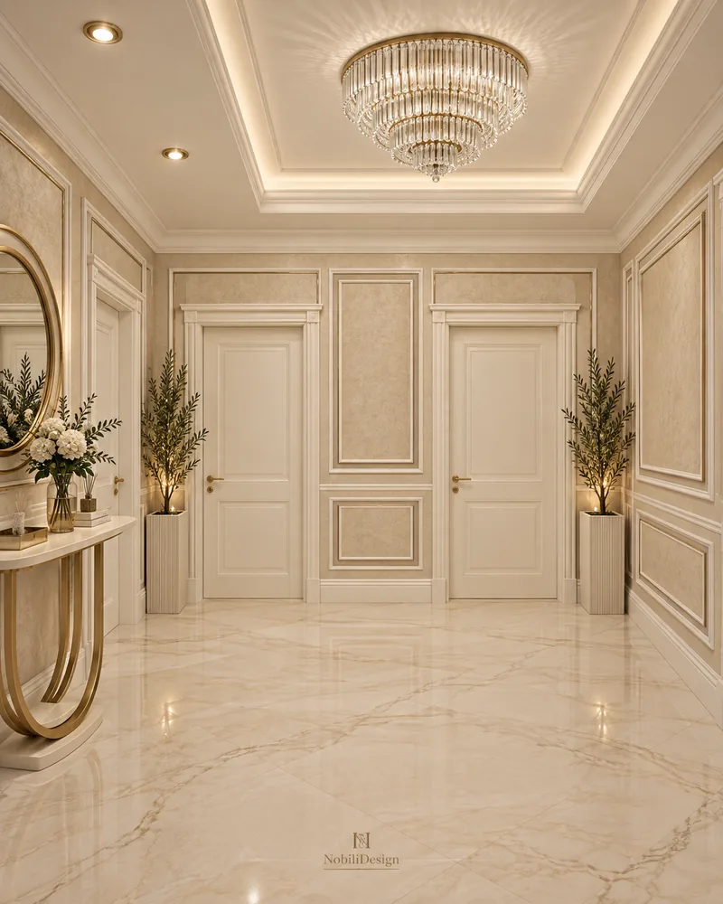 Master suite hallway with round gold mirror over a sculptural console, wall mouldings and crystal chandelier