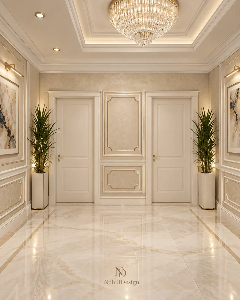 Master suite hallway with two panelled doors, cream marble floor, crystal chandelier and framed art