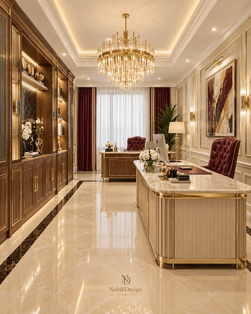 Home office with cream fluted desk with marble top, walnut bookcases, burgundy tufted chairs and chandelier