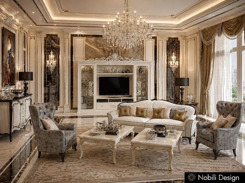Classic villa living room with carved ivory TV cabinet, ivory sofa, grey tufted armchairs and chandelier
