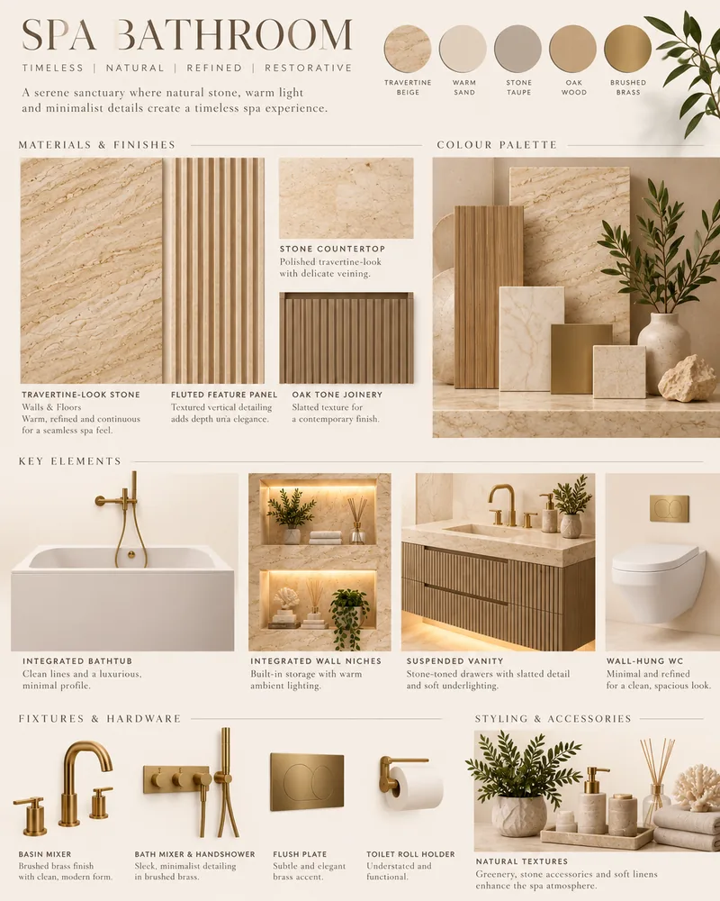 Spa bathroom board with travertine-look stone, fluted panel, oak-tone joinery, lit wall niches and brushed brass fittings