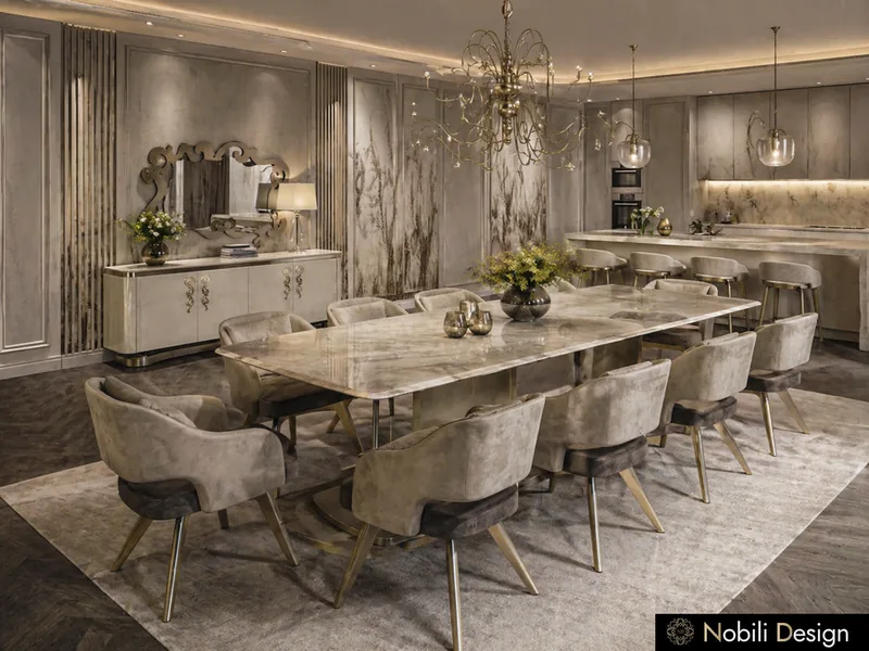 Contemporary dining room with long marble table, velvet chairs and a branch crystal chandelier