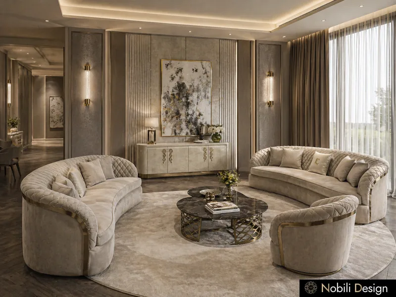 Contemporary living room with curved cream sofas, round coffee tables and gold wall sconces