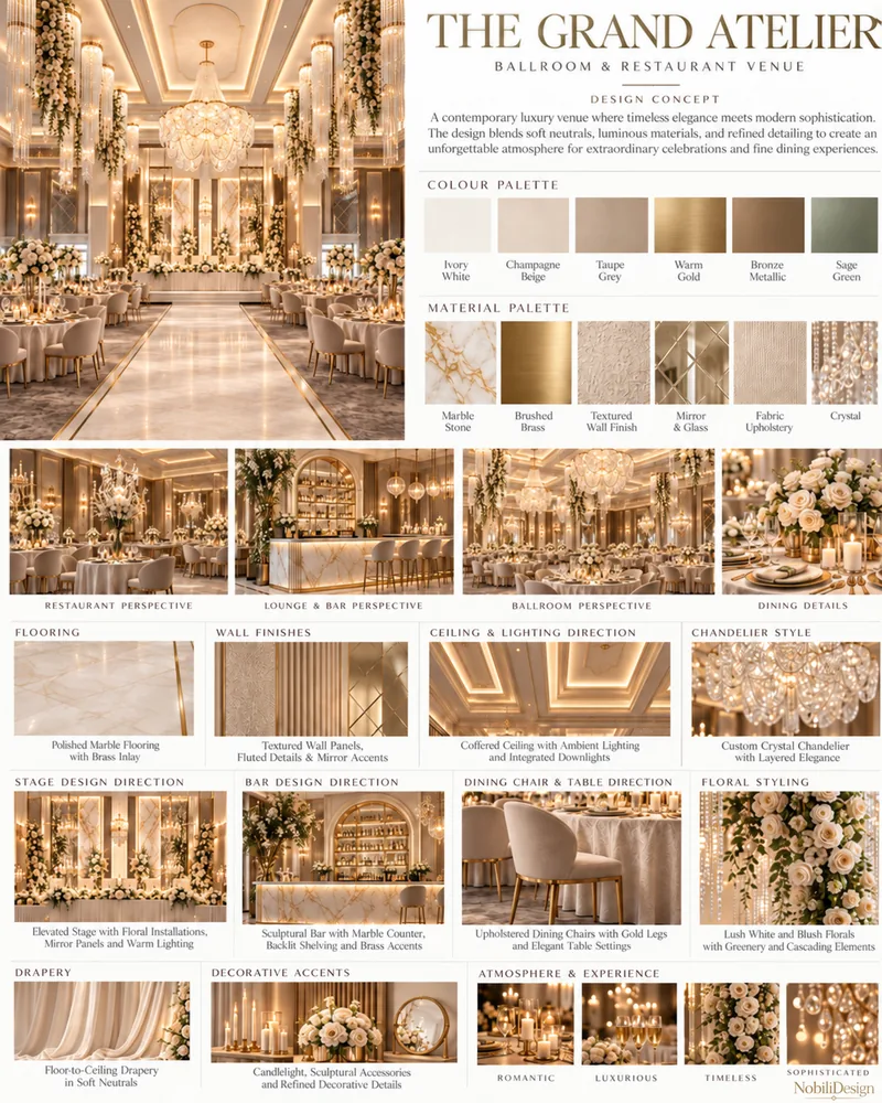 Ballroom venue concept board with marble aisle, crystal chandeliers, sculptural bar, floral stage and palette swatches