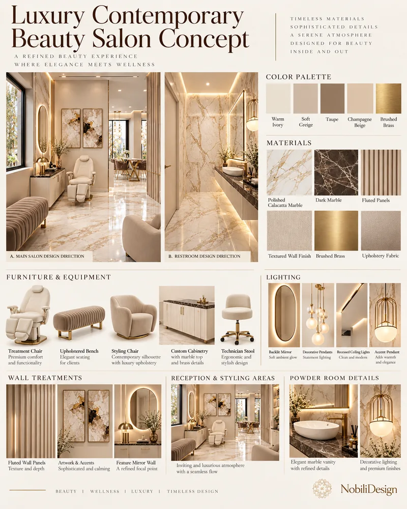 Beauty salon concept board with gold-veined marble, fluted panels, pedicure chair, velvet bench and restroom vanity details