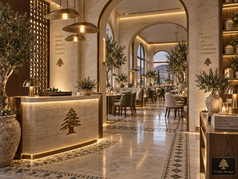 Restaurant reception design with lit travertine counter, carved emblem, brass lamps and olive trees