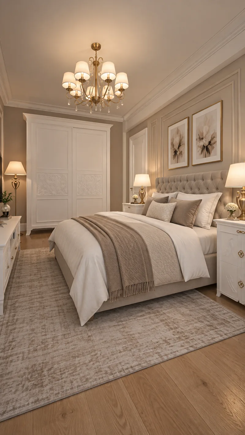 Master bedroom with tufted headboard, white sliding wardrobe with carved panels, floral prints and shaded chandelier