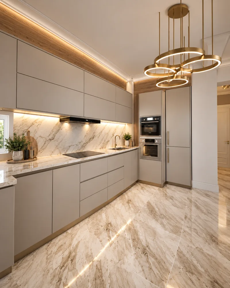 Modern kitchen with greige flat-front units, veined marble worktop and splashback and a brass ring pendant