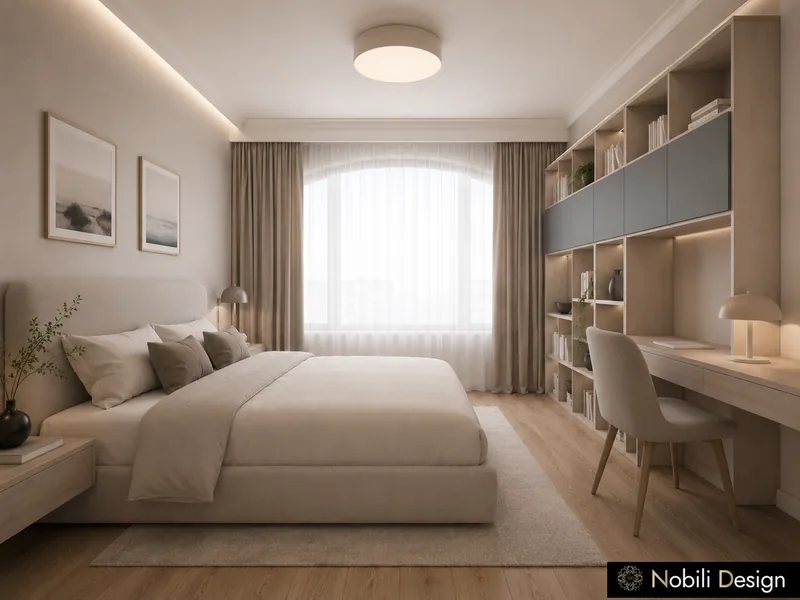Modern bedroom with upholstered bed, fitted desk and shelving wall with blue cabinet fronts