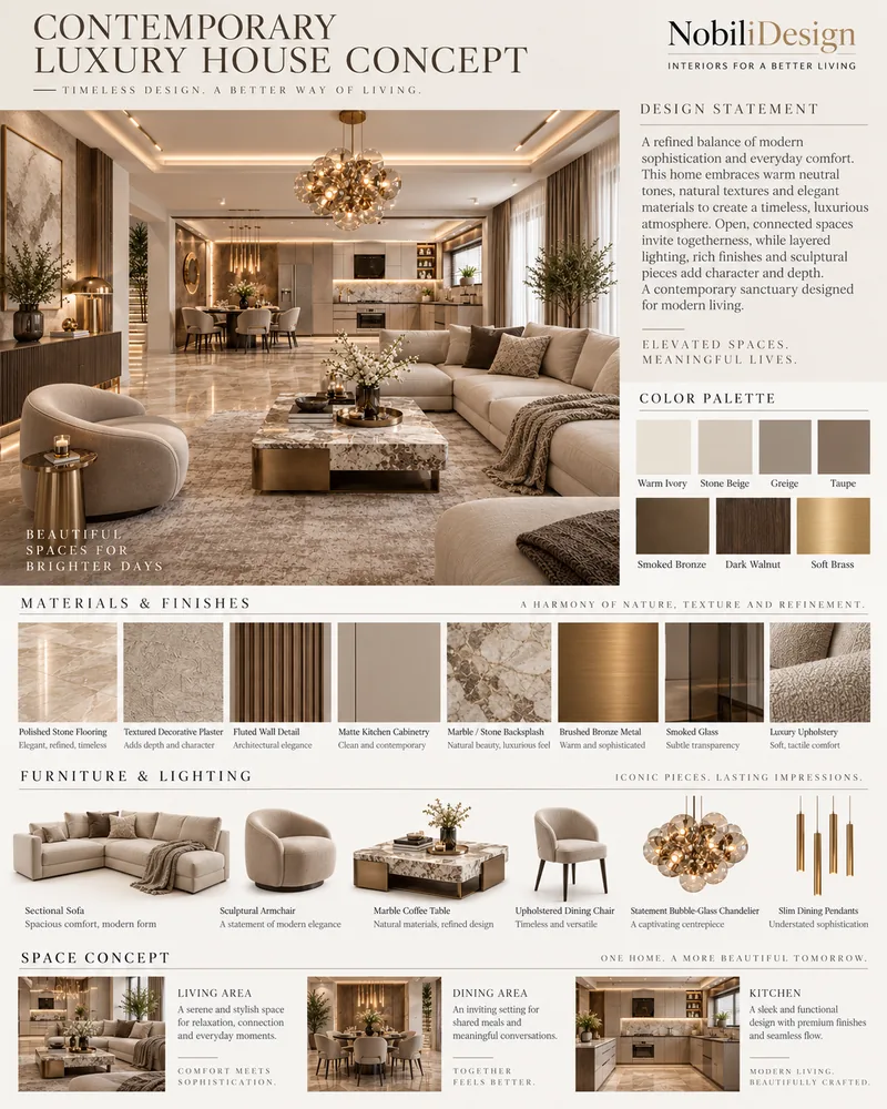 House concept board with living, dining and kitchen views, colour palette, finishes and furniture samples