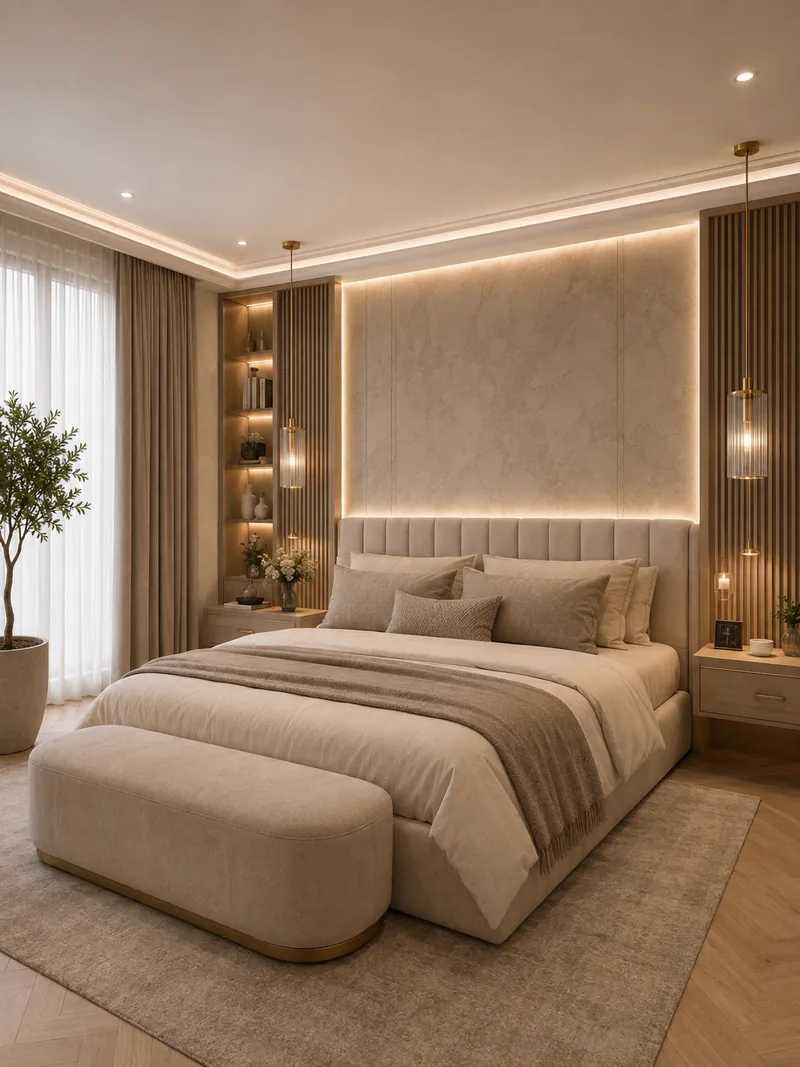 Modern master bedroom with channel-tufted beige bed, curved bench, lit headboard wall and shelving