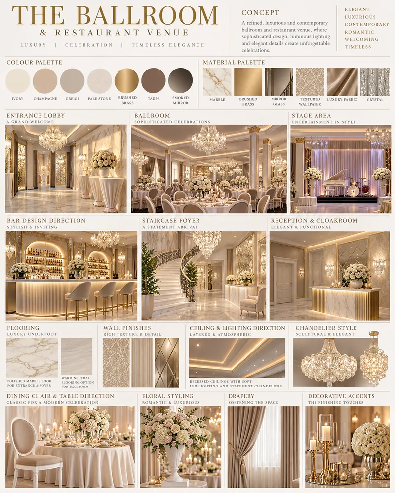 Ballroom venue moodboard with lobby, ballroom, stage, bar, staircase and cloakroom views plus marble and brass samples