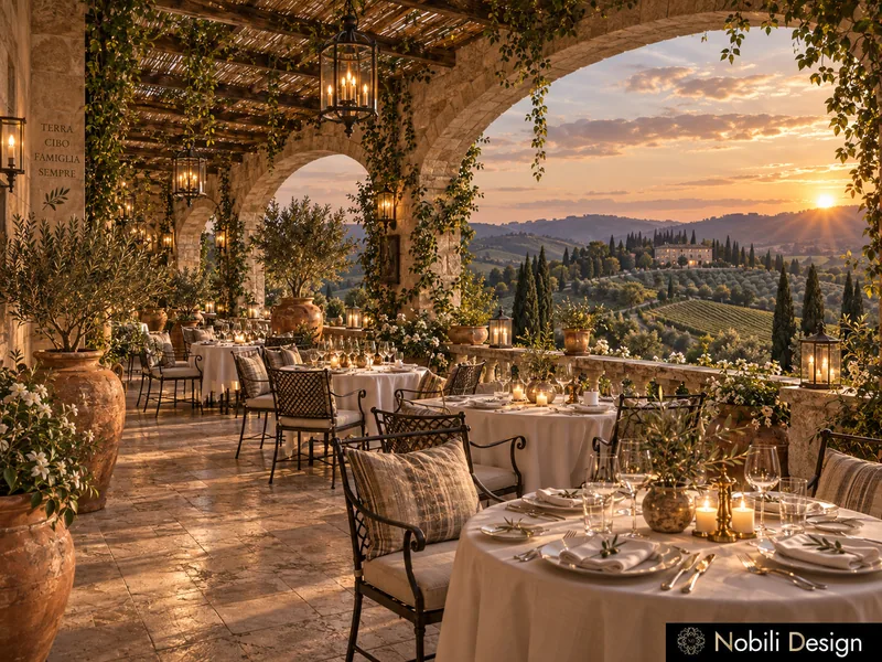 Restaurant terrace design with iron chairs, round linen tables and a vineyard view at sunset