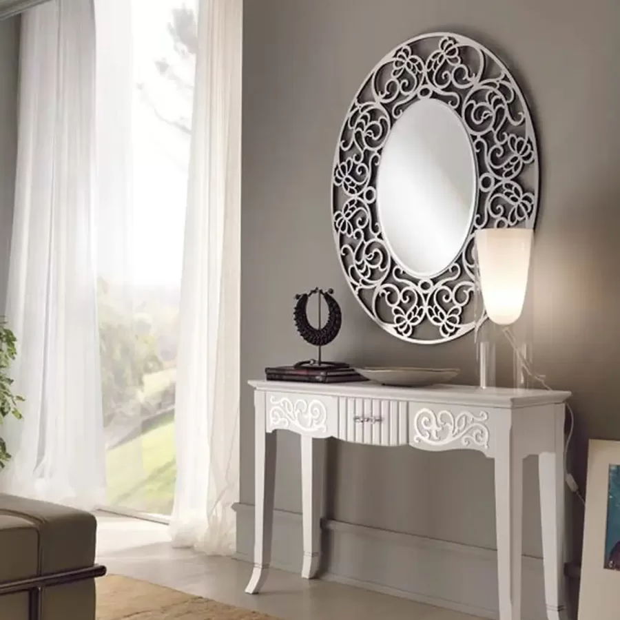 New Deco Console with Natural Panels by Francesco Pasi, Classic Armchairs and Carved Companions for a Formal Living Room