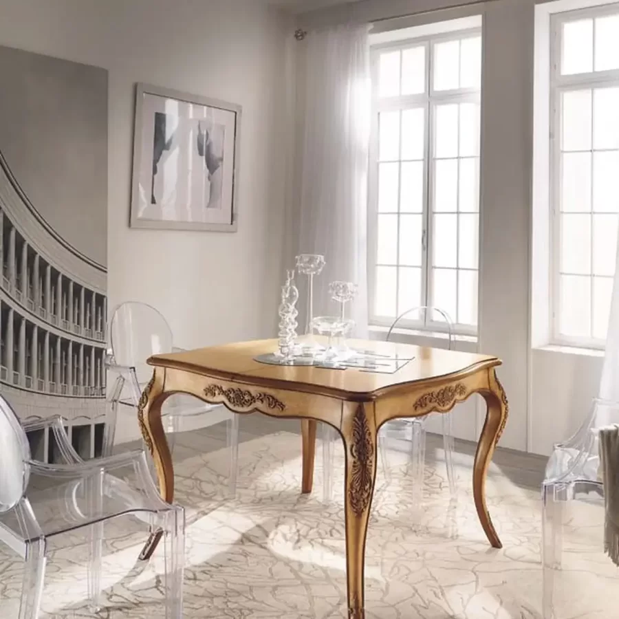New Deco Hand-Carved Extending Table, Square by Francesco Pasi, table for a classic dining room