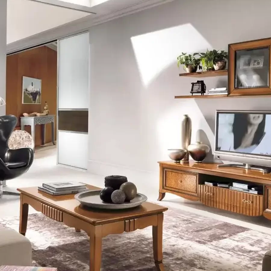 Composizione a parete New Deco 5 di Francesco Pasi, Collezione Royal per il soggiorno: legno massello, acciaio e un divano rosso
