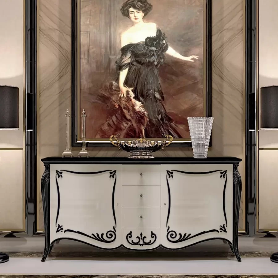 Opera Shaped Sideboard, Carved "B" Decoration, 2 Doors 3 Drawers by Francesco Pasi, buffet furniture, 210 cm wide
