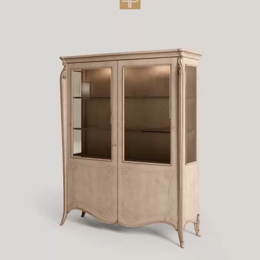 Opera Shaped Silver Cabinet, Carved "B" Decoration, 2 Doors by Francesco Pasi, luxury display cabinet, 172 cm wide