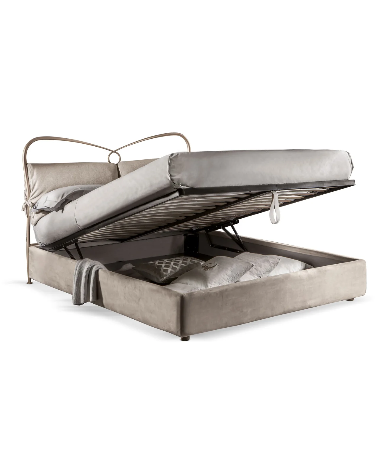 Bed with a lift-up storage box and metal ring headboard, furniture stores in Milan, Italy