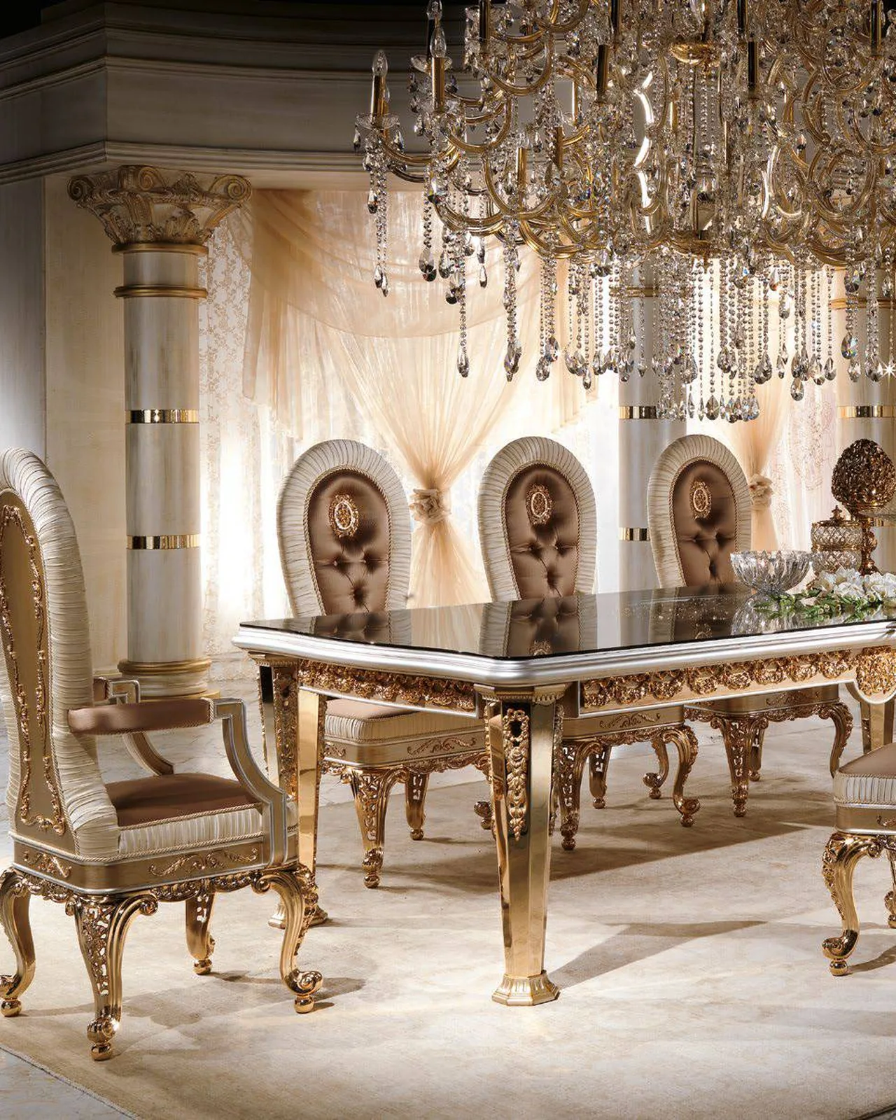 Royal Rectangular Dining Table with Glass Top RY014, Cappelletti Royal collection, classic Italian dining table in a classic dining room setting, photo 2 of 2