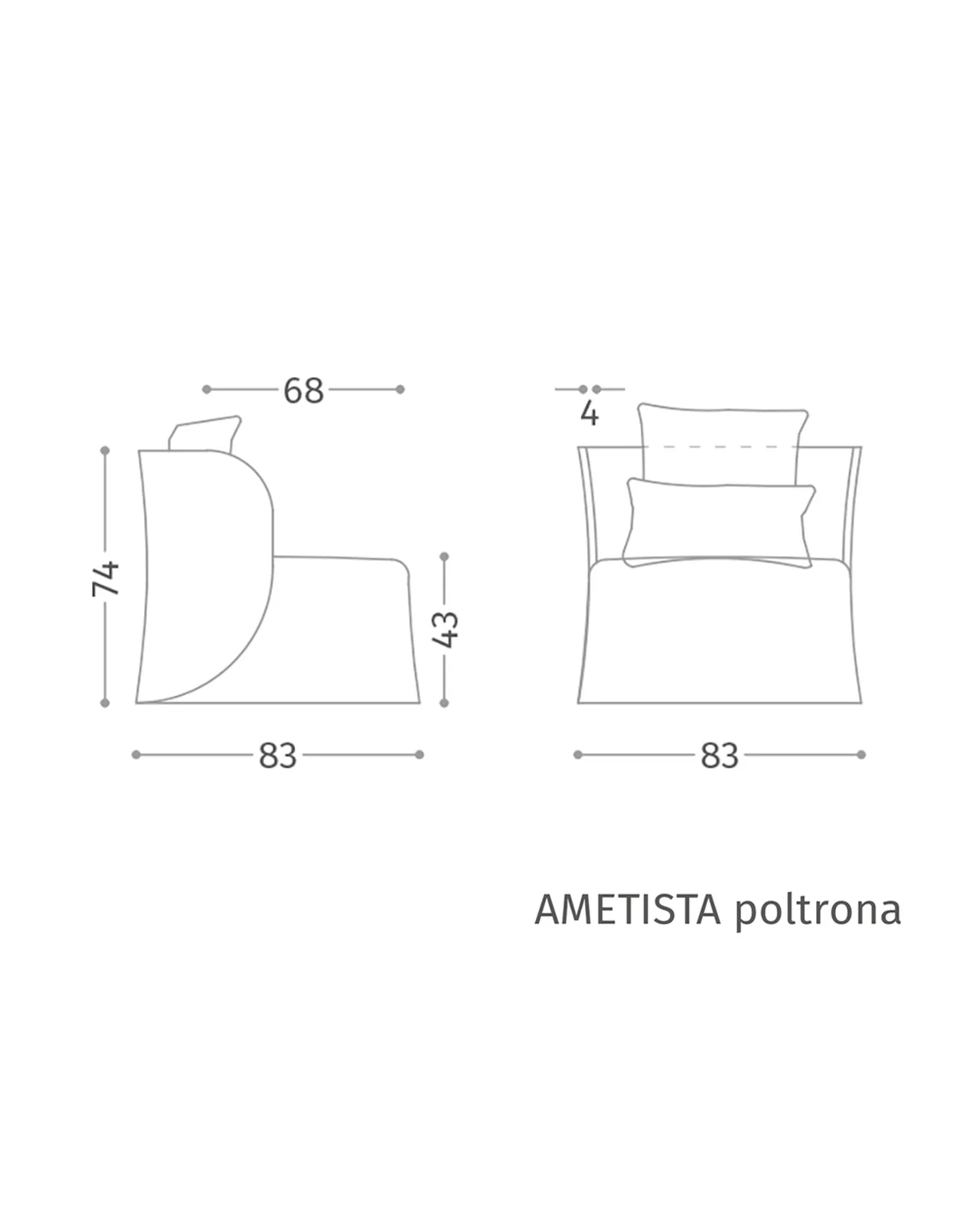 Ametista Armchair by Epoque, Exence collection, armchair technical drawing with dimensions, photo 3 of 3