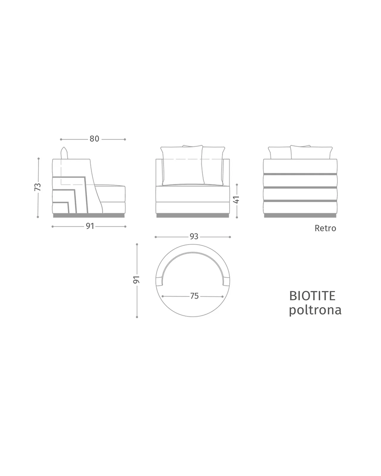 Poltrona Biotite di Epoque, collezione Exence, disegno tecnico della poltrona con dimensioni, foto 3 di 3