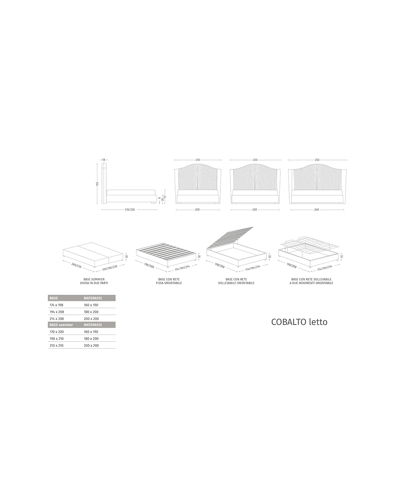 Letto Cobalto di Epoque, disegno tecnico con dimensioni, foto 3 di 3
