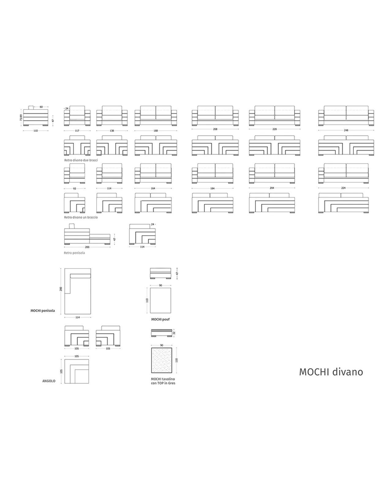 Divano Mochi di Epoque, collezione Exence, disegno tecnico del divano con dimensioni, foto 4 di 4