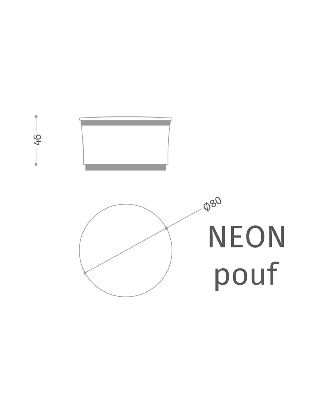 Pouf Neon di Epoque, collezione Exence, disegno tecnico del pouf con dimensioni, foto 3 di 3