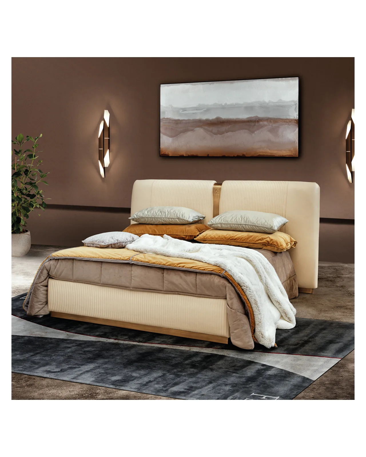 Upholstered bed with a steel insert on the headboard, Italian furniture in Milan