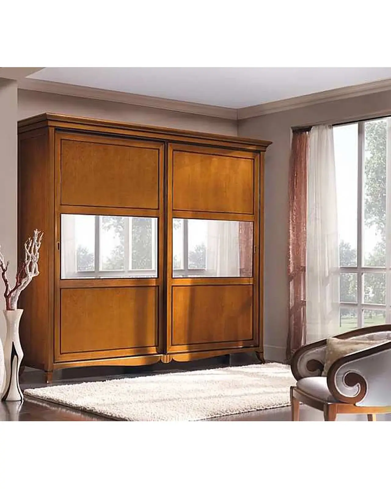 Armadio New Deco con specchio bronzato – dettaglio del pannello in legno intagliato a mano, Francesco Pasi New Decò