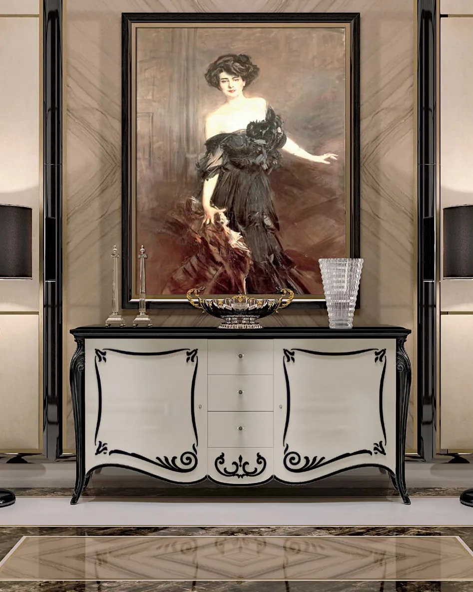 Opera Shaped Sideboard, Carved "B" Decoration, 2 Doors 3 Drawers, Living Room Furniture, in Cherry veneer on blockboard, Veneto classical Italian style, by Francesco Pasi