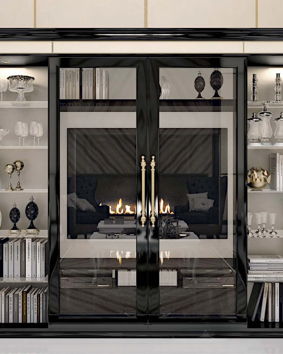 Opera Sliding-Door Wall Unit with Metal Inserts, Living Room Furniture, in Cherry veneer on blockboard, Veneto classical Italian style, by Francesco Pasi