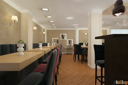 Luxurious Mediterranean restaurant lounge with an array of wooden tables and comfortable upholstered chairs.